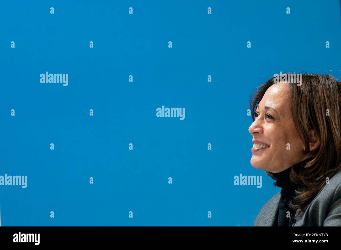 Vice President Kamala Harris listens during a virtual tour of the Community Vaccination Center at State Farm Stadium in Glendale, Arizona Monday, Feb. 8, 2021, in the South Court Auditorium in the Eisenhower Executive Office Building of the White House. (Official White House Photo by Lawrence Jackson) Stock Photo