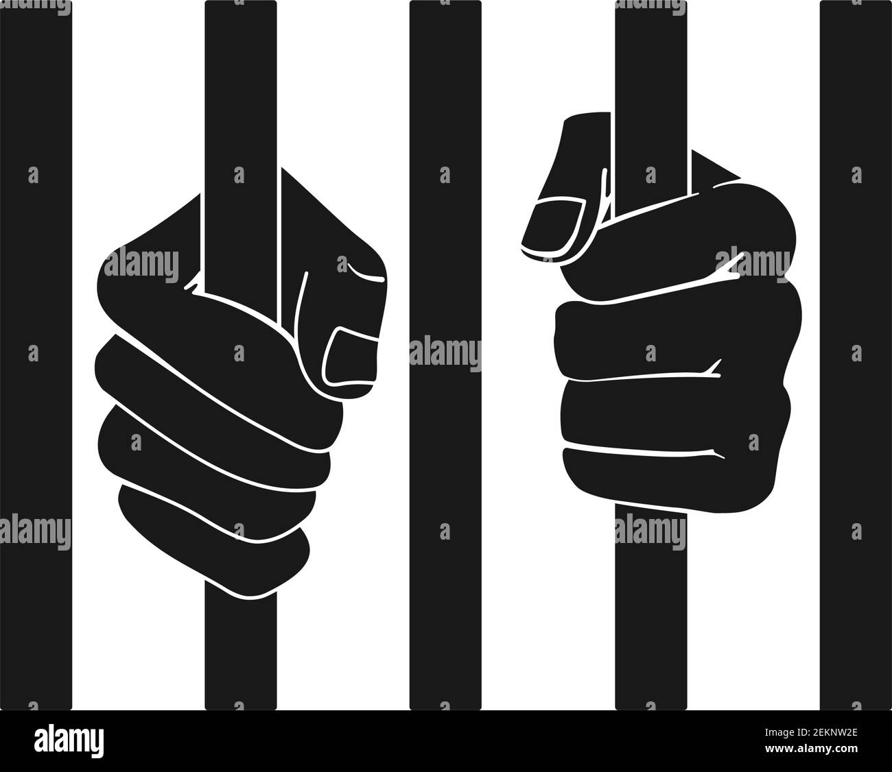 Prisoner fists behind bars or hands holding prison bars in vector silhouette Stock Vector