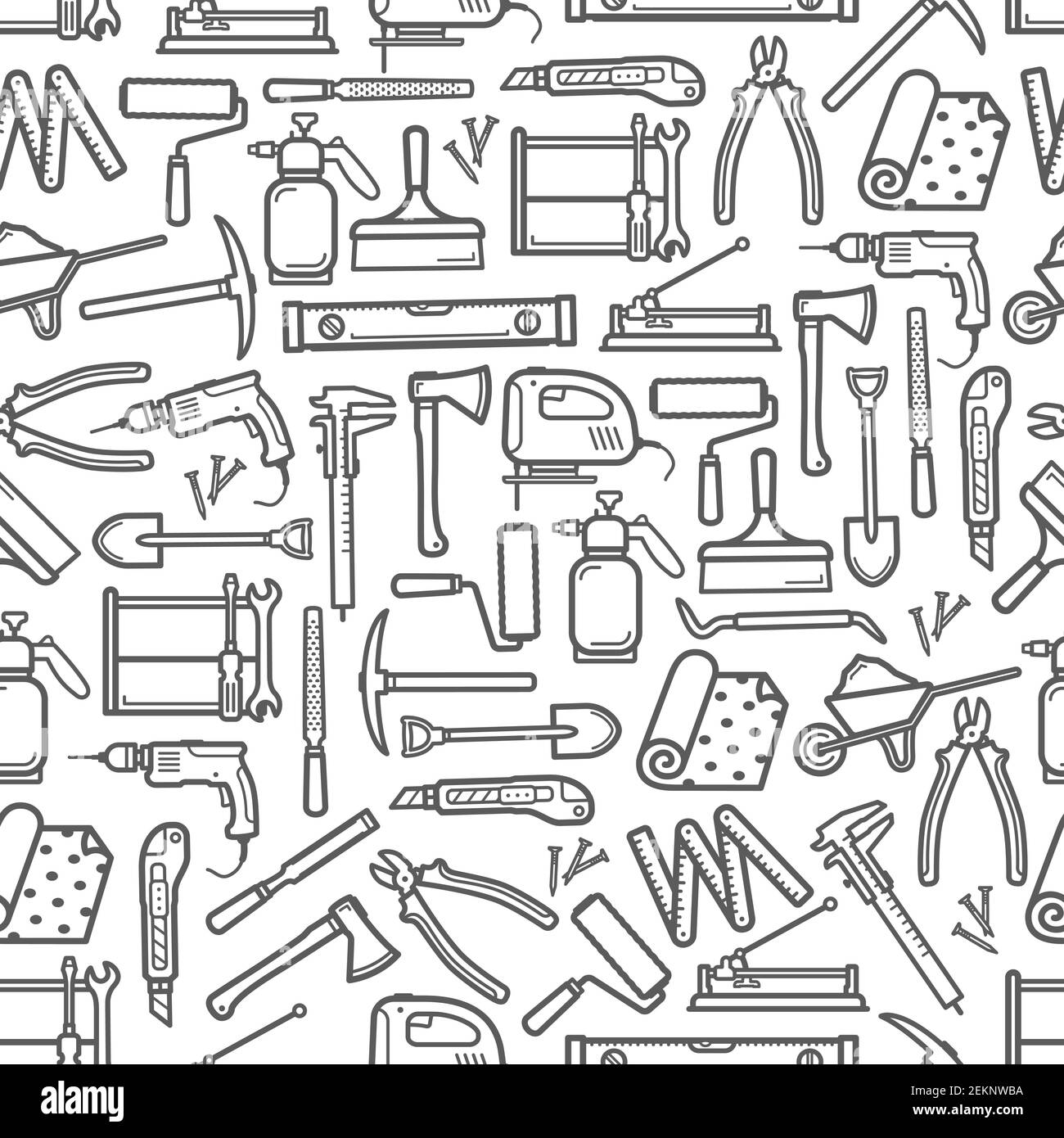 Construction DIY tools seamless pattern. Vector thin line tools icons