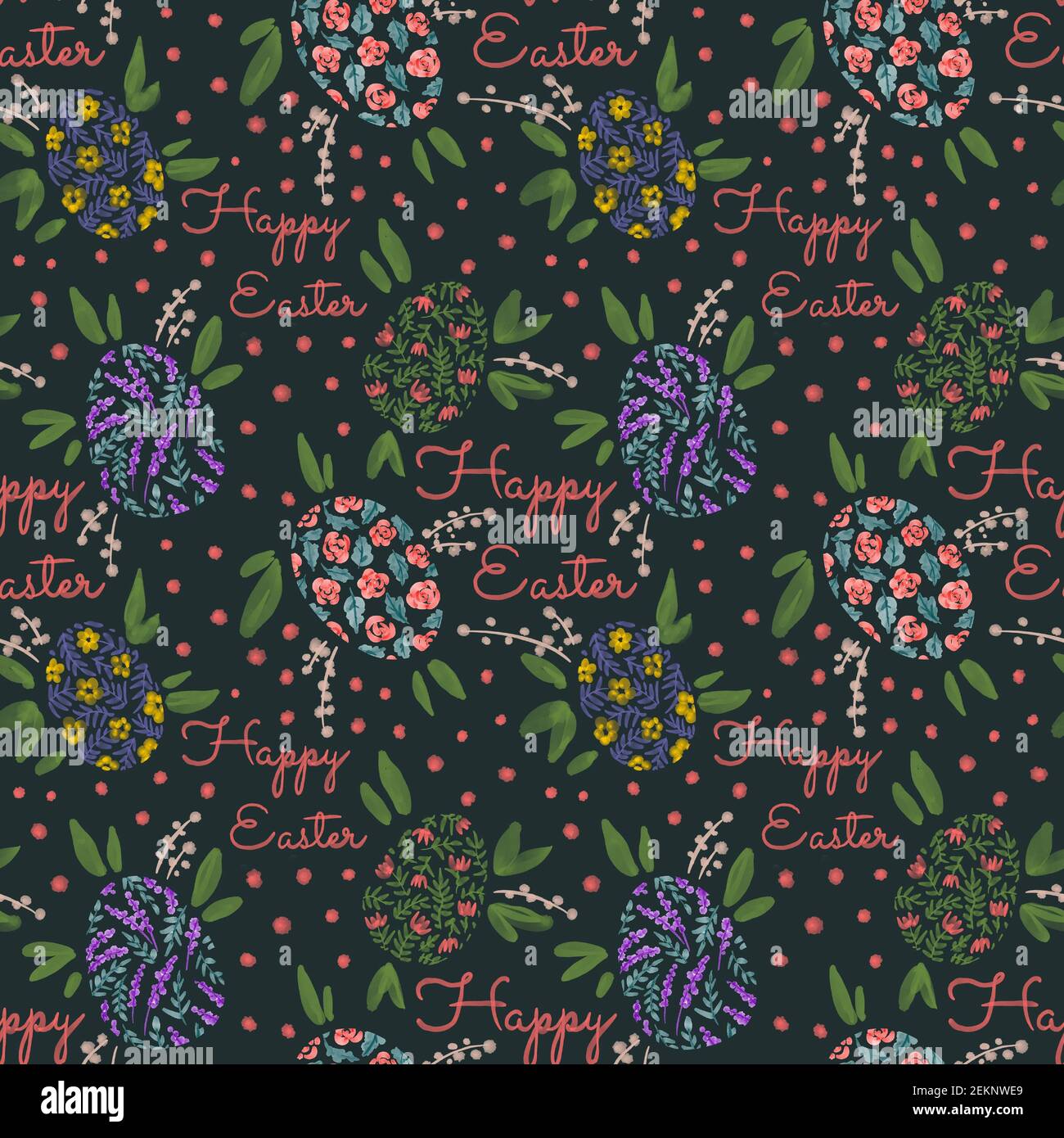 Seamless pattern with flowers, rabbits and Easter eggs Stock Photo
