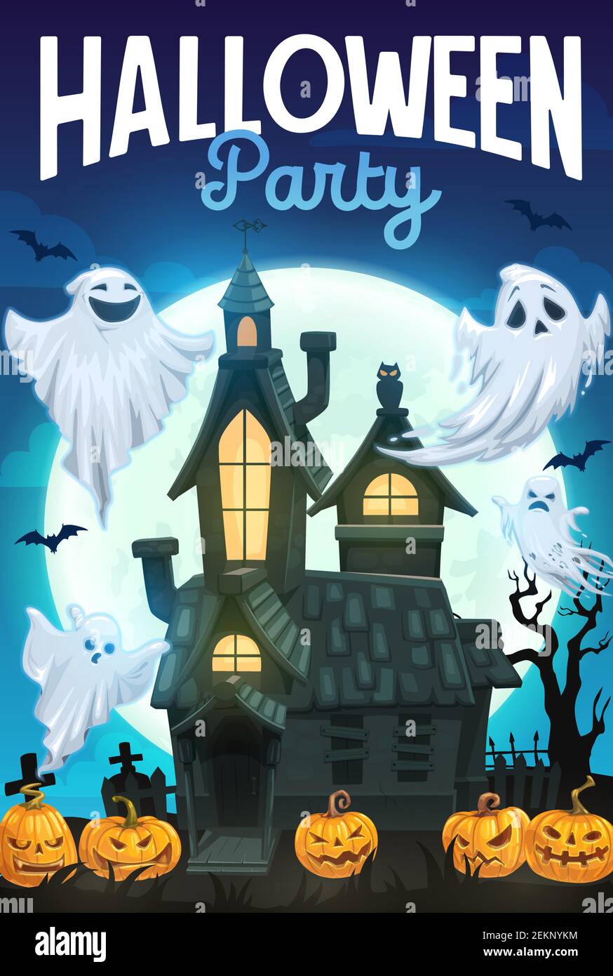 Halloween horror ghosts and haunted house with scary pumpkins, night ...