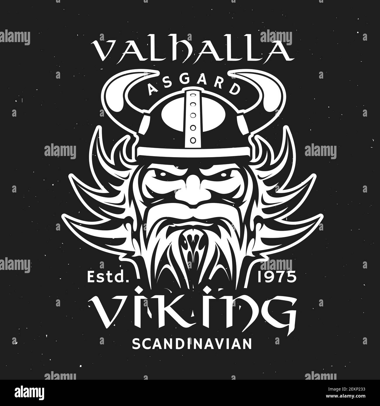 Scandinavian viking god Odin head in horned helmet, t-shirt print design. Vector Valhalla majestic, enormous hall located in Asgard, Norse mythology. Stock Vector