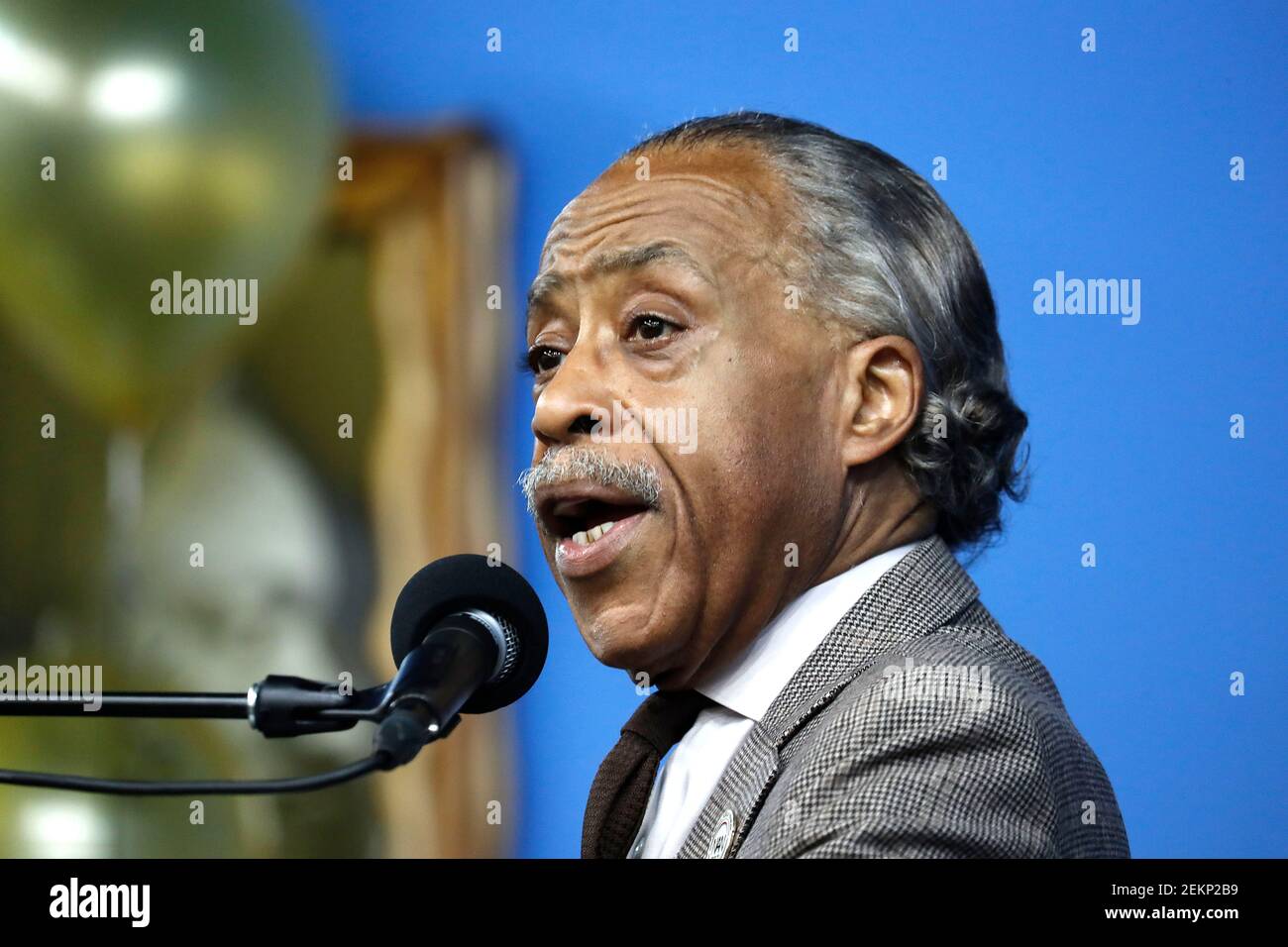 Reverend Al Sharpton speaks with Mayor Bill de Blasio at the Al