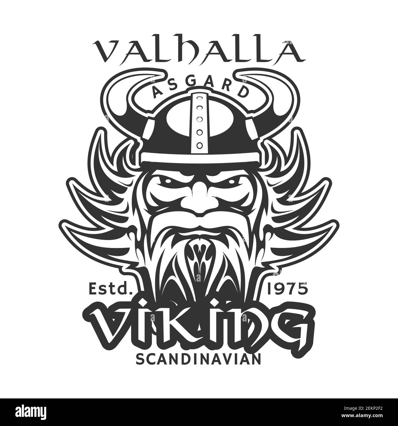 Viking warrior, Scandinavian t-shirt print. Vector medieval scandinavian knight man with beard in horn helmet, Norse or Nordic viking warrior sign, vi Stock Vector
