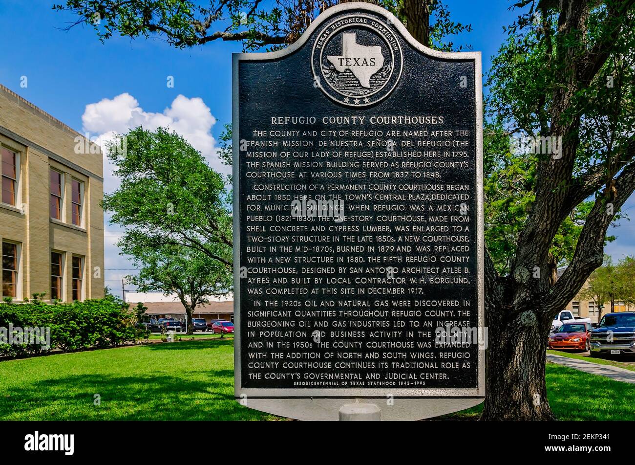 A historic marker outside the Refugio County Courthouse gives the
