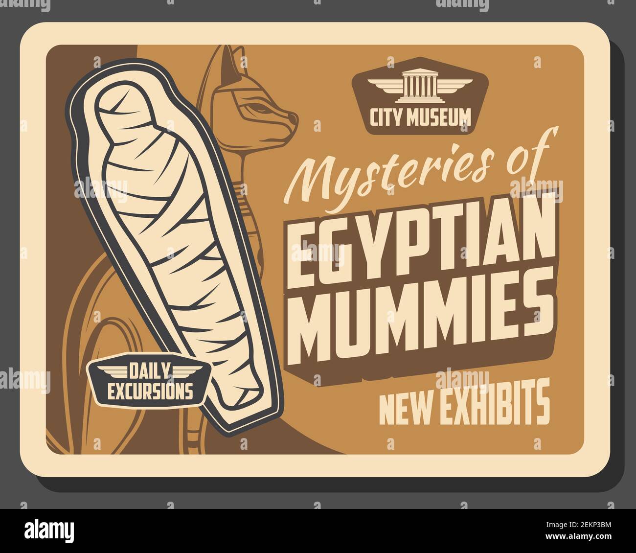 Egyptian mummies exhibition in museum, ancient Egypt history. Vector cat deity and exhibits of deceased human, mysteries of prehistoric times. City mu Stock Vector