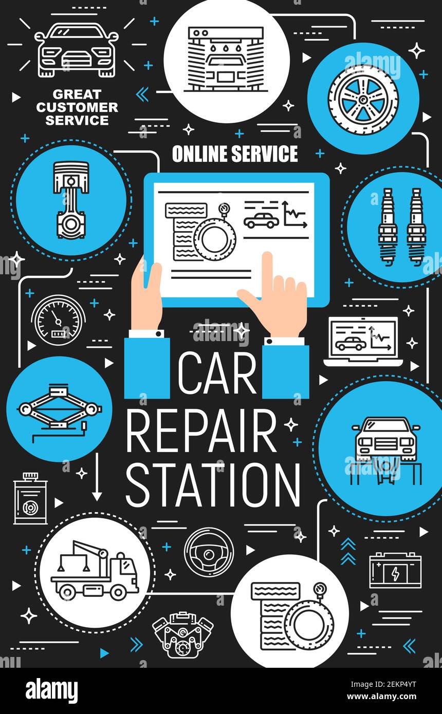 Car repair garage station vector icons. Vehicle diagnostics