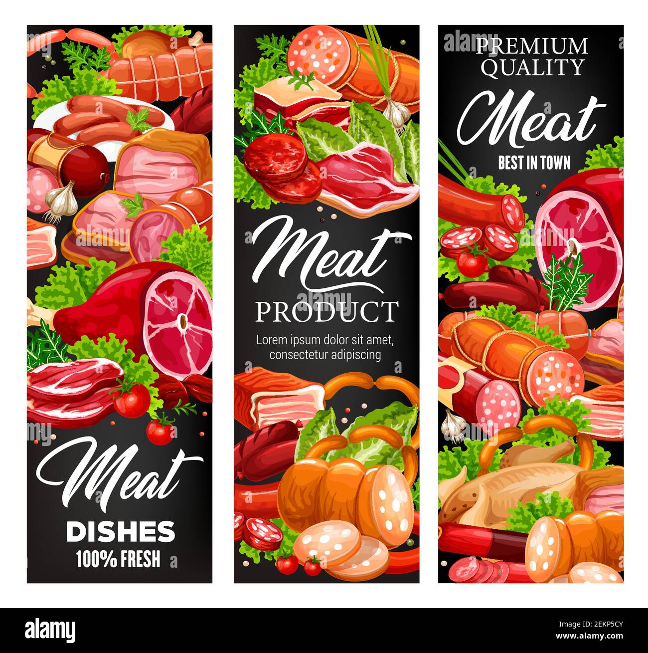 Meat and sausages, butcher shop food products and gourmet delicatessen. Vector butchery pork, beef meat and mutton ribs, steak sirloin, barbecue brisk Stock Vector