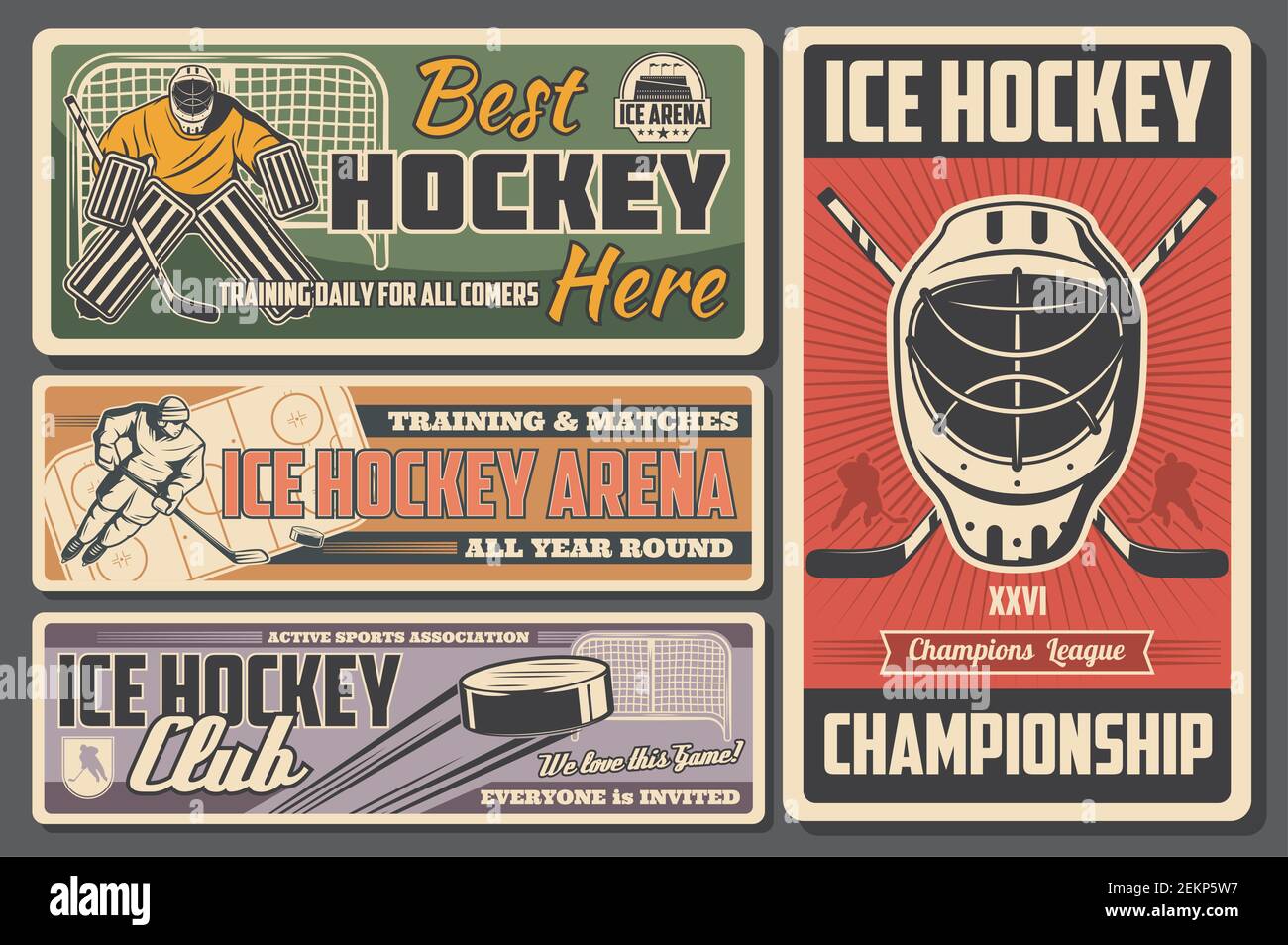 Ice hockey championship match poster, winter sport game cup tournament.  Vector ice hockey player or goalkeeper in helmet with hockey stick and puck  on Stock Vector Image & Art - Alamy