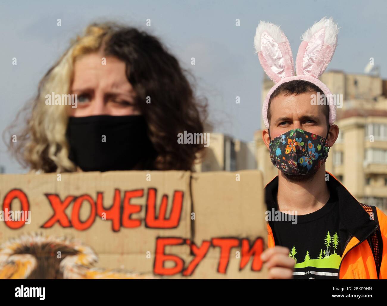 Red Rabbit Protest An activist wearing rabbit headgear during the demonstration. At ...