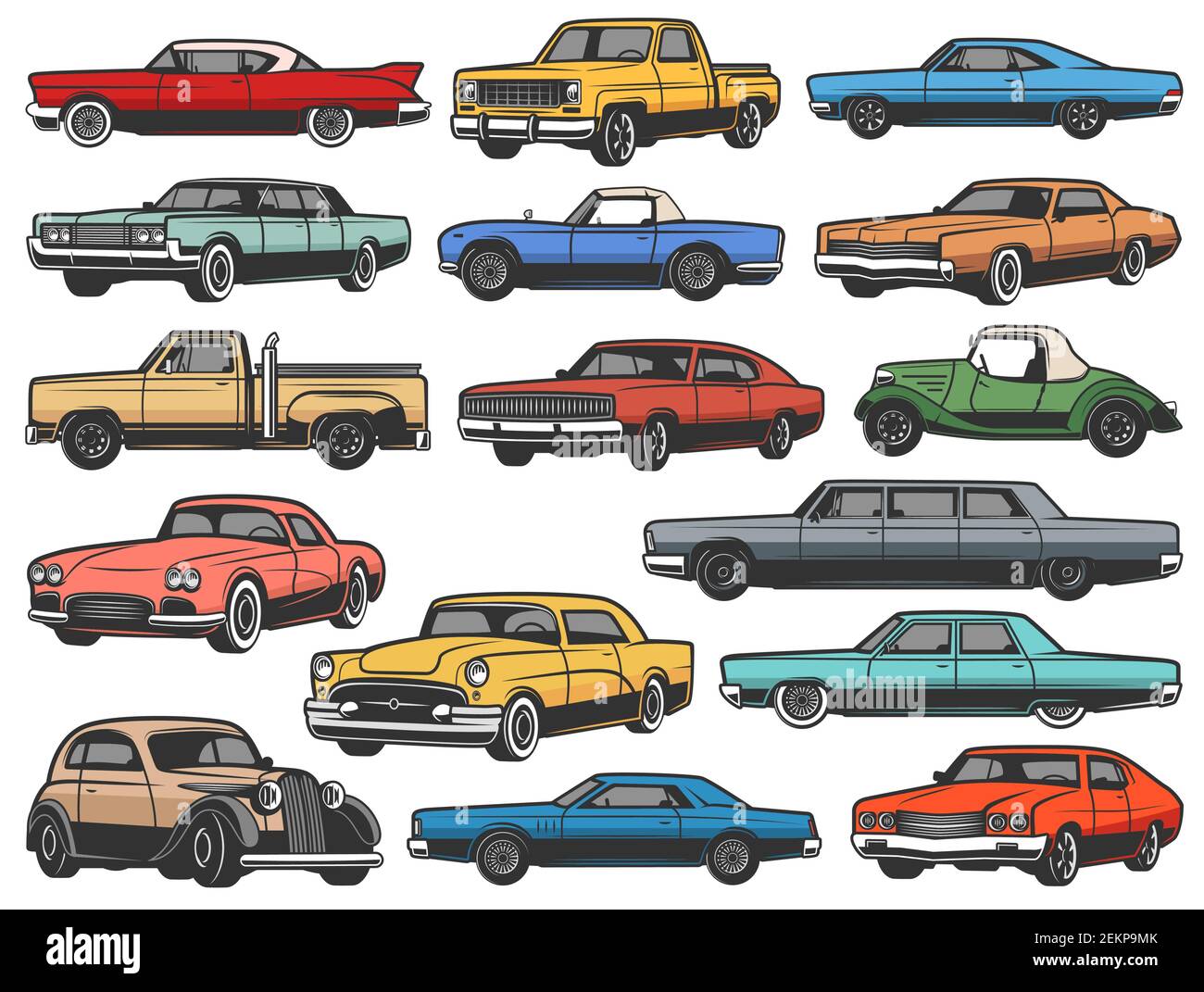 Vintage vector retro cars and vehicle isolated objects. Old classic and antique vehicle models of muscle sport rally car, truck and cabriolet, coupe o Stock Vector