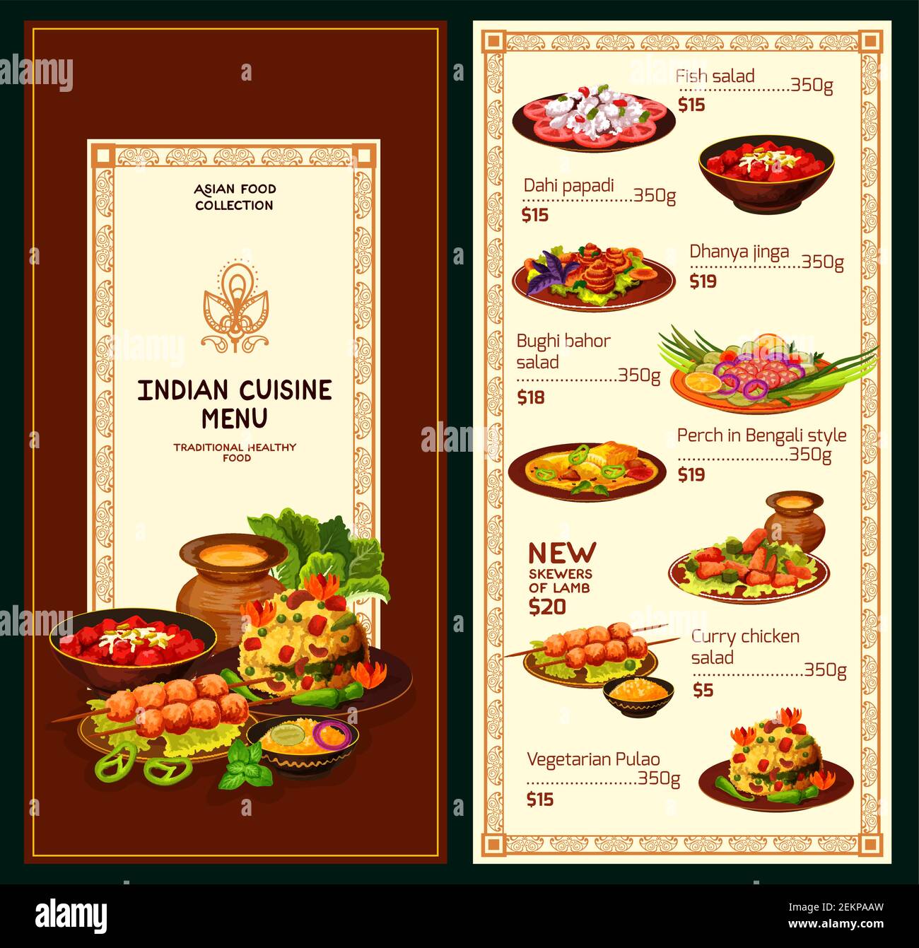 Indian cuisine food menu. Vector fish salad and dahi papadi dishes ...