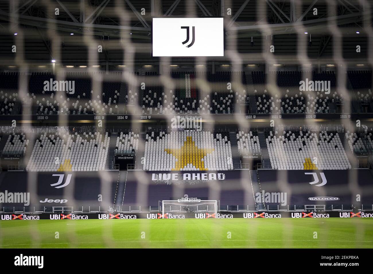 TURIN, ITALY - October 04, 2020: General view shows Allianz Stadium ahead the scheduled Serie A football match between Juventus FC and SSC Napoli. In all likelihood Juventus FC will be awarded a 3-0 victory by default since SSC Napoli didn't show up as they had been prevented from travelling to Turin by local health authorities (ASL) due to the possibility of a COVID-19 coronavirus outbreak in the squad. Also Juventus FC squad have gone into isolation after two staff members tested positive for COVID-19 coronavirus, however Juventus FC showed up at Allianz Stadium as normal as Serie A official Stock Photo