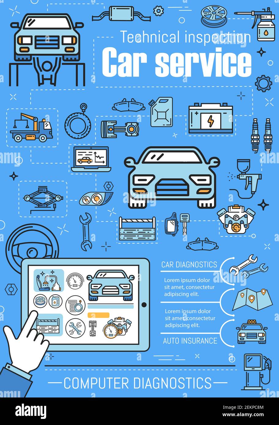Vehicle service technical inspection, car computer diagnostic. Vector