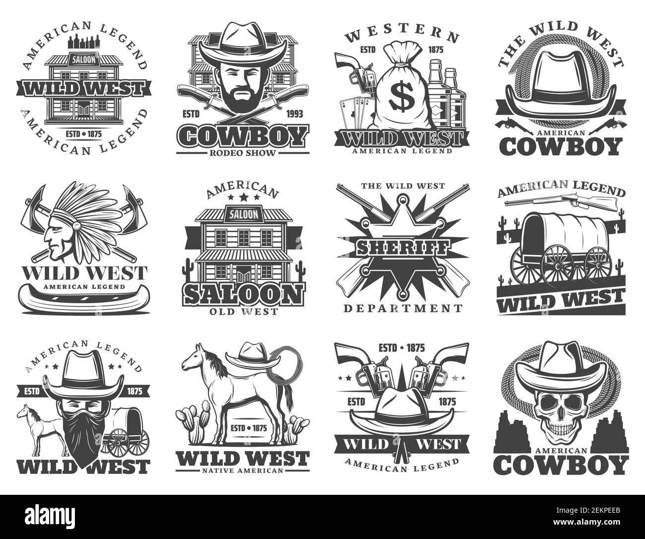 Wild West, cowboy and western isolated icons. Vector american legend saloon, sheriff department, revolver and pistol gun. Native Indian and horse, sku Stock Vector