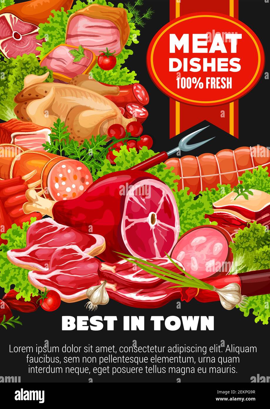 Meat and poultry dishes of beef, pork, lamb and greens. Vector sausages