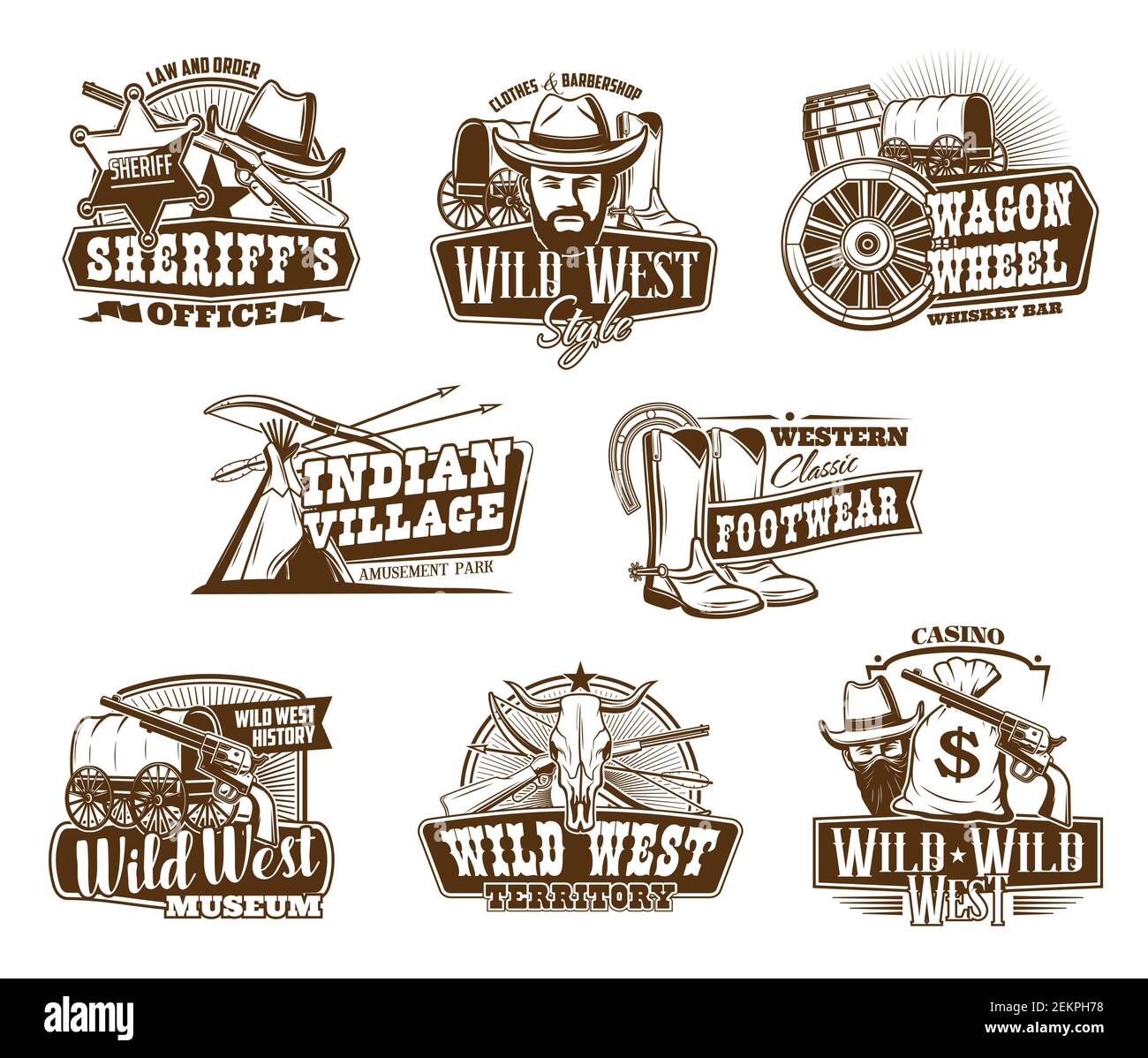 Western Texas cowboy and Wild West vintage icons. Vector clothes and barber shop sign, country ranch longhorn bull skull, sheriff star badge, cowboy h Stock Vector