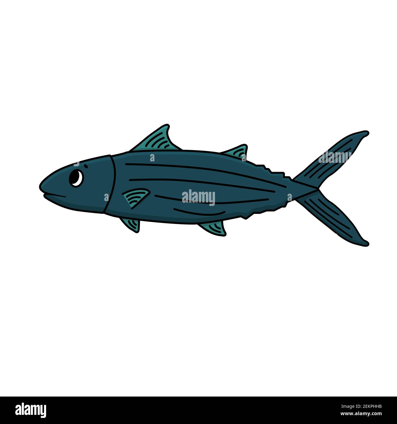 Blue cute vector cartoon tuna or skipjack fish. Outline Animal is