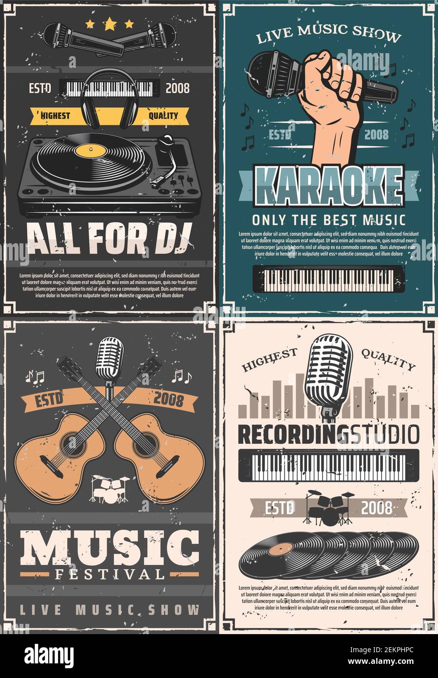 Musical instruments, microphone and sound equipment vector design of music themes. Guitars, drums and headphones, vinyl records, DJ player and equaliz Stock Vector