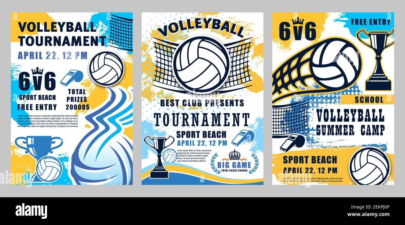 Volleyball sport championship cup and school league or college team match tournament halftone posters. Vector summer camp volleyball game, victory cup Stock Vector