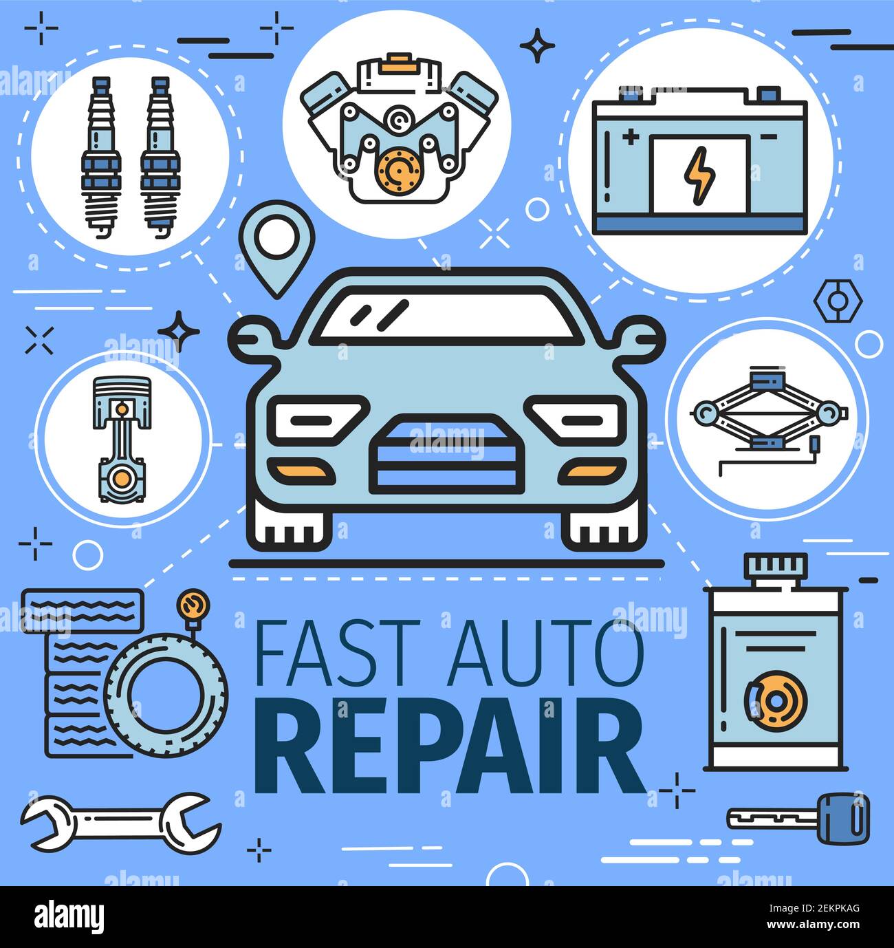 Fast car repair and tools. Vector engine diagnostics and battery charge, tire fitting and vehicle mounting, navigation system and oil change. Motor fi Stock Vector
