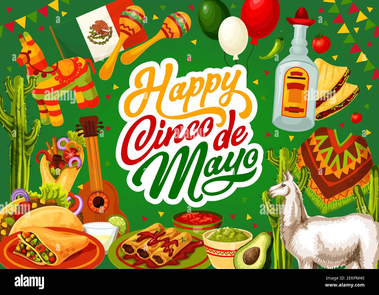 Happy Cinco de Mayo, Mexico celebration holiday food and fiesta symbols