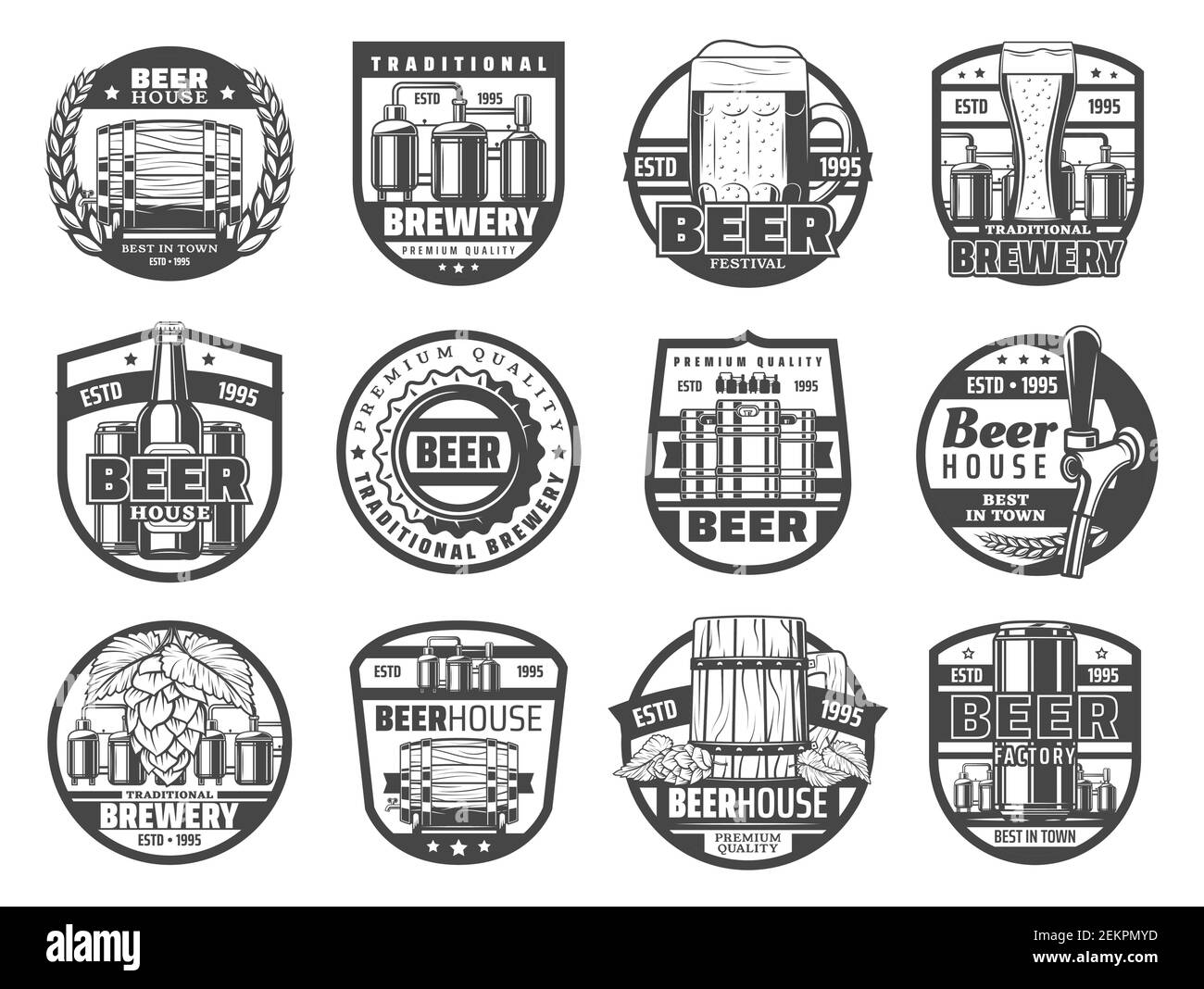 Beer house and brewery factory, pub and bar isolated icons. Vector
