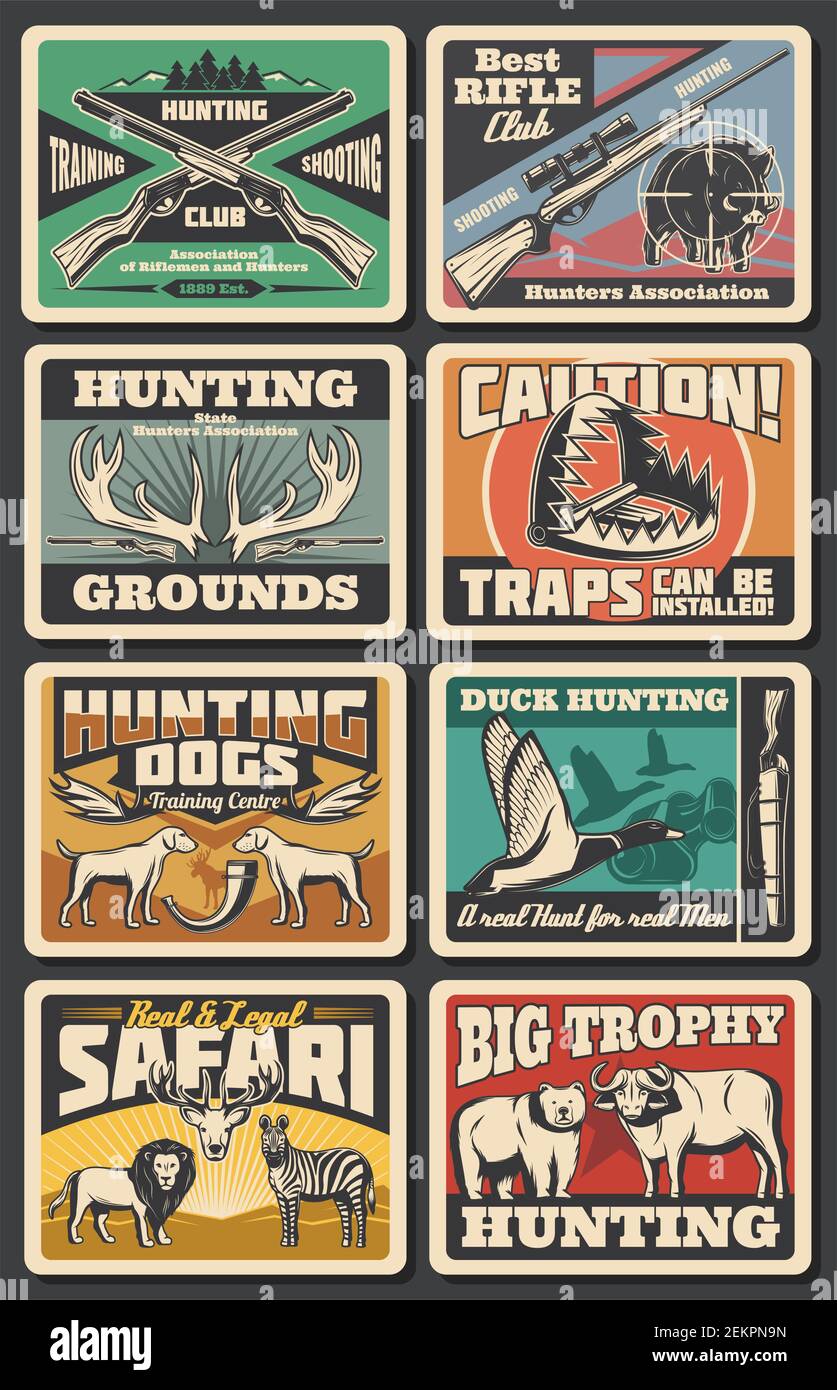 Hunting open season, wild animals and wildfowl hunt club. Vector hunter  traps warning sign, elk and deer antlers trophy, african safari lion and  zebra Stock Vector Image & Art - Alamy