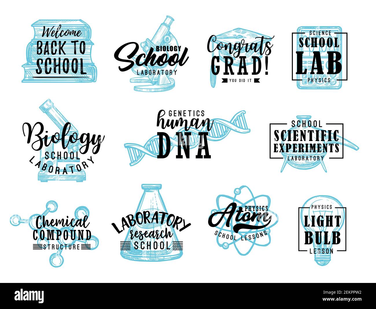 Back to School lettering icons with education supplies of chemistry ...