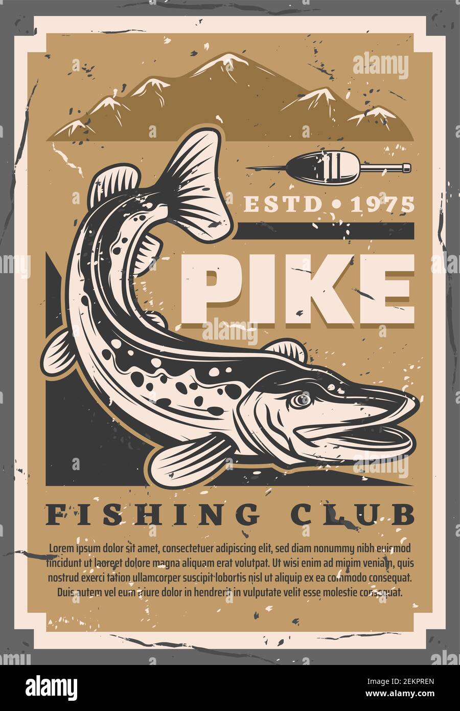 Fishing club, pike big fish catch retro poster. Vector fisher equipment  tackles, rod floats and lures shop, sea and lake fishing sport tournament  Stock Vector Image & Art - Alamy