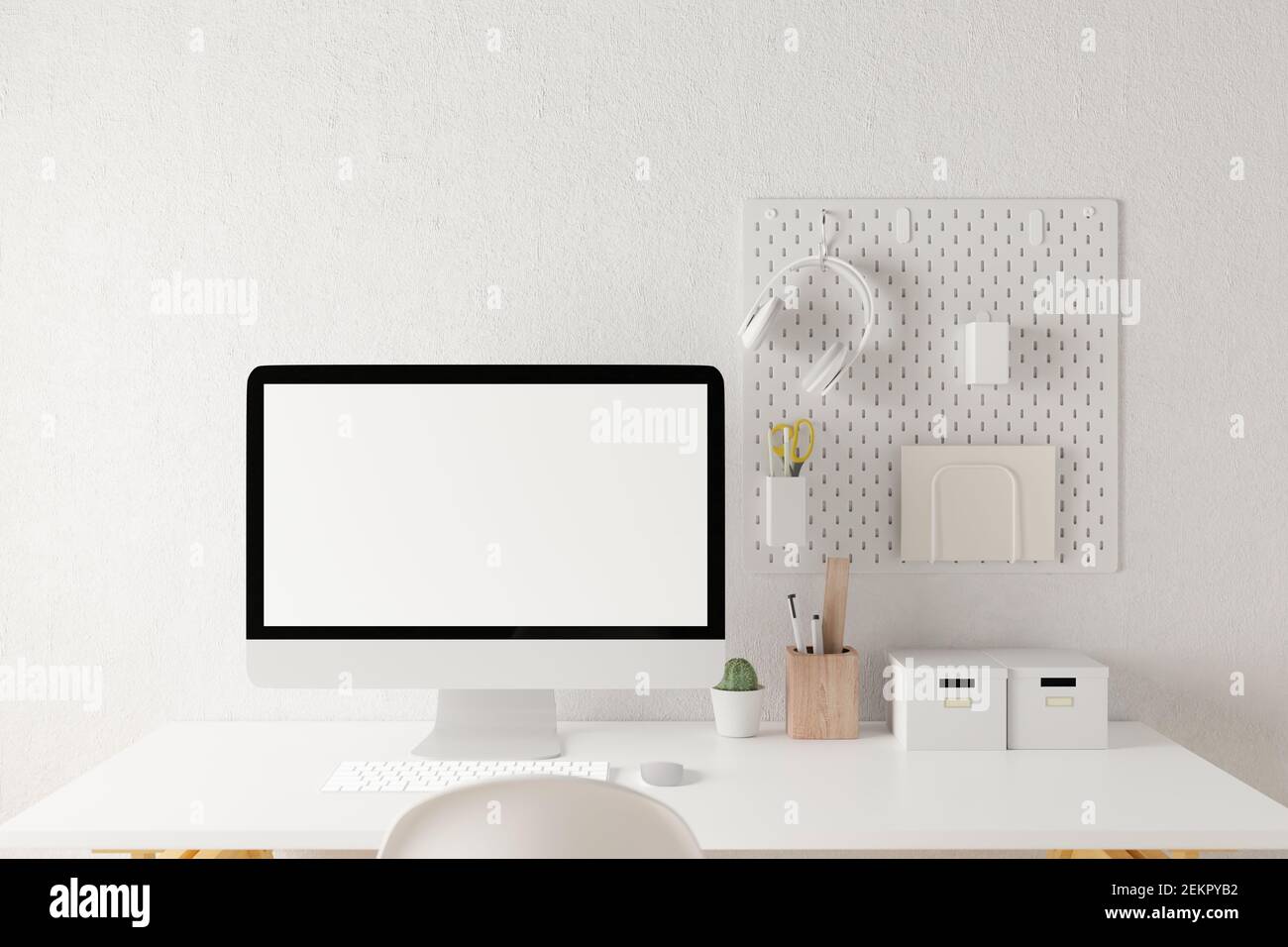 workspace with mockup blank screen laptop computer. 3D Rendering. Stock Photo