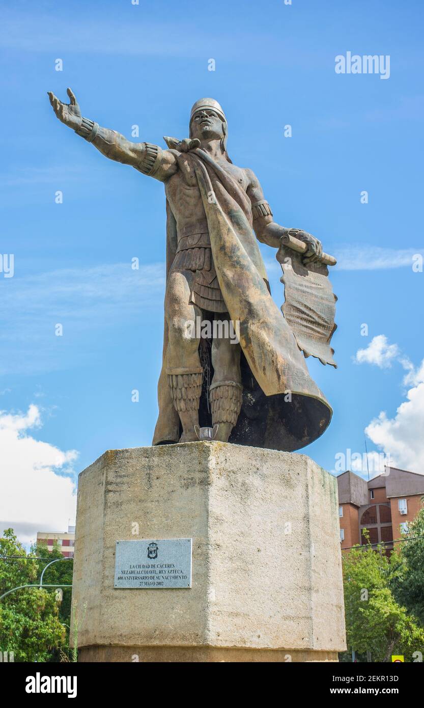 Caceres, Spain - Sept 22th 2019: Nezahualcoyotl statue, ruler or tlatoani of the city-state of Texcoco in pre-Columbian. Sculpted by Humberto Peraza, Stock Photo