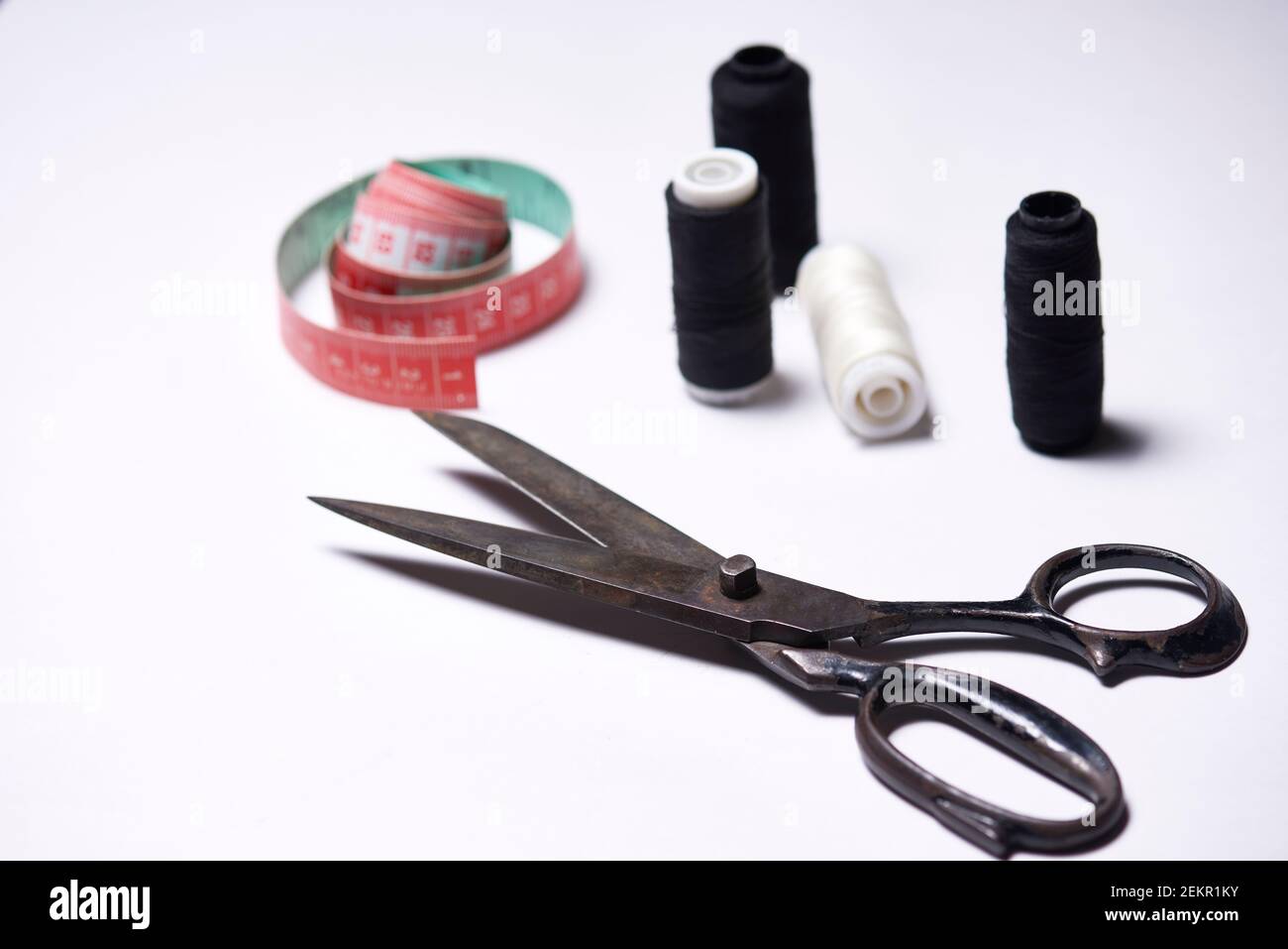 sewing kit threads, scissors, needles and meter Stock Photo Alamy