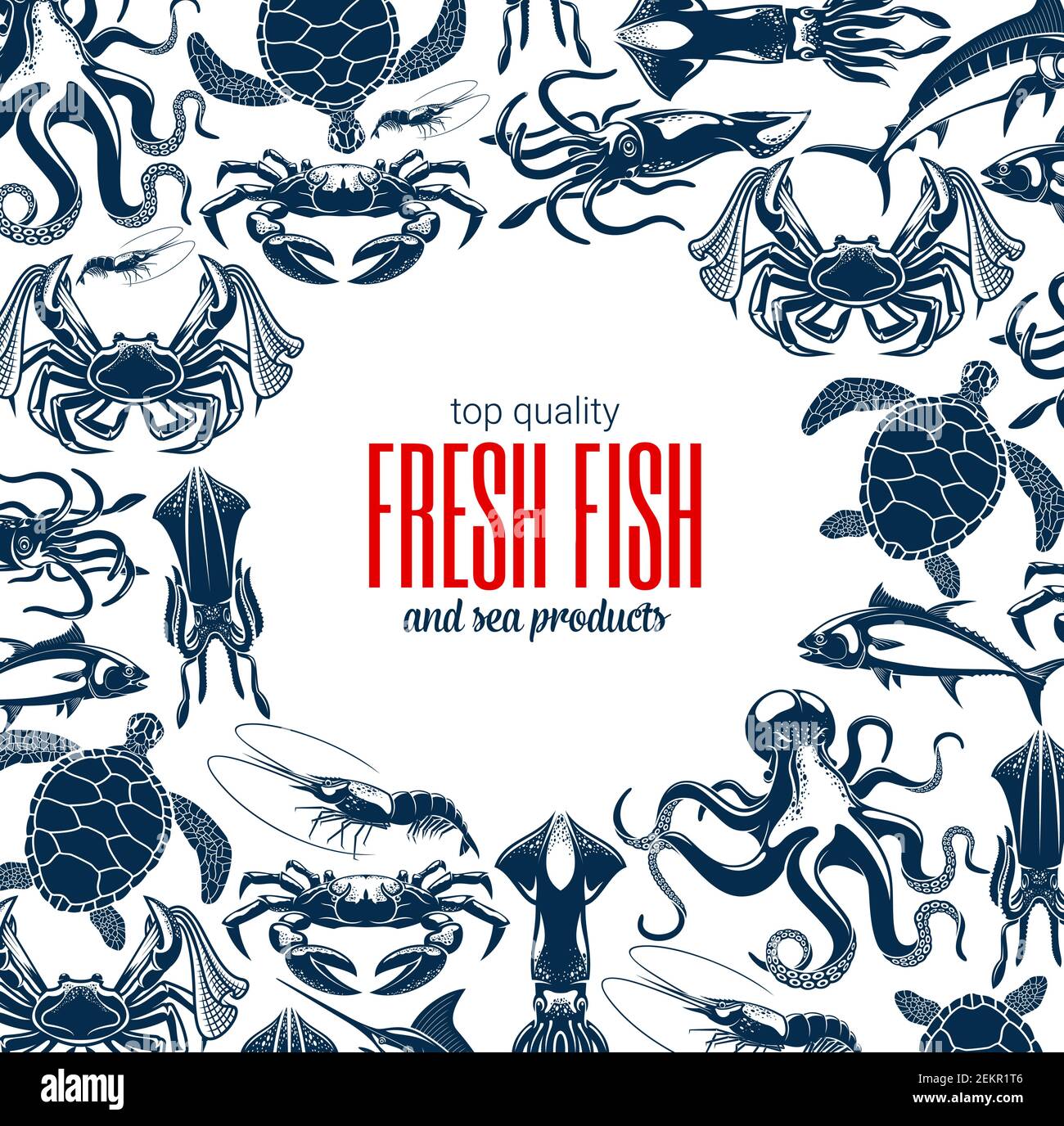 Fish and seafood products store or shop poster. Vector sea food