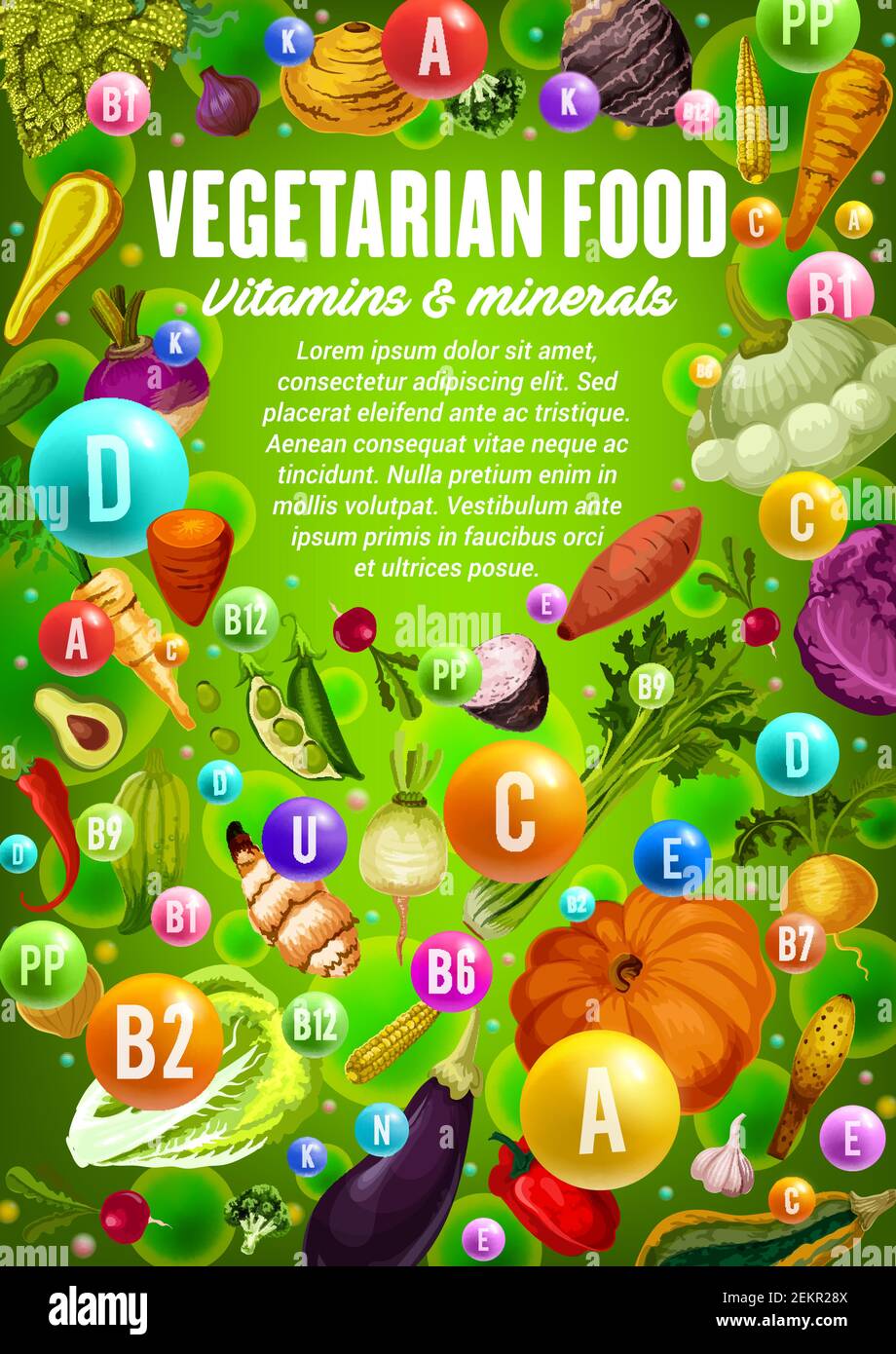 Vitamins and minerals in vegetables, herbs and beans, vegetarian food health benefits vector
