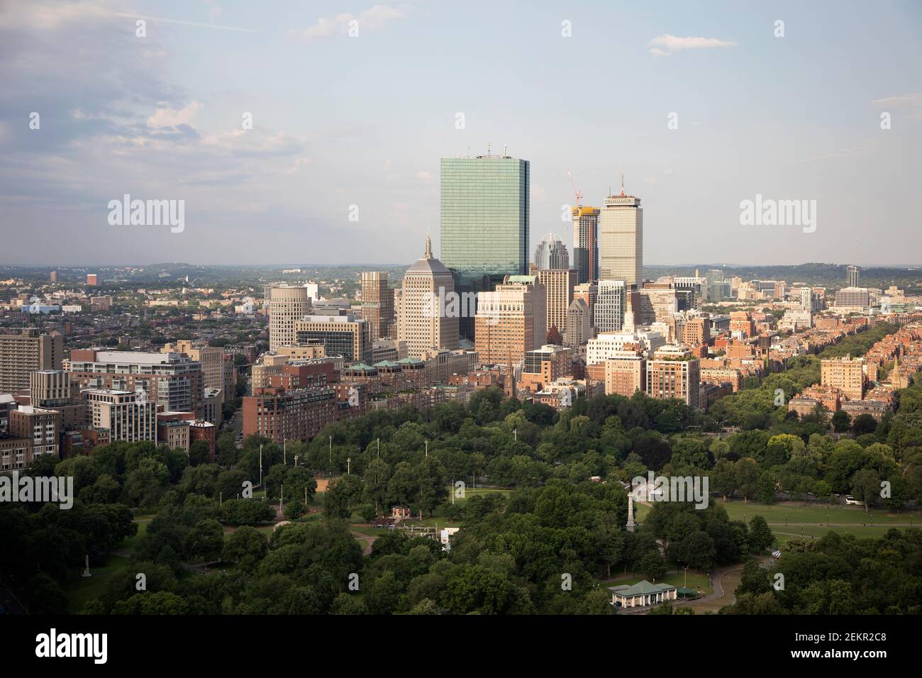 An aerial wide angle view of Boston commons the Public Gardens and the Back Bay area. Boston Massachusetts USA Stock Photo