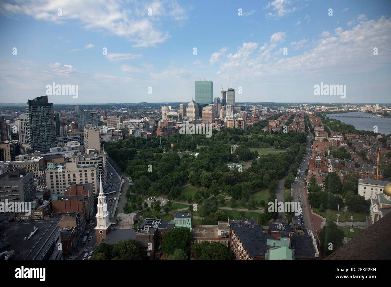 An aerial wide angle view of Boston commons the public gardens and the back bay area. Boston Massachusetts USA Stock Photo