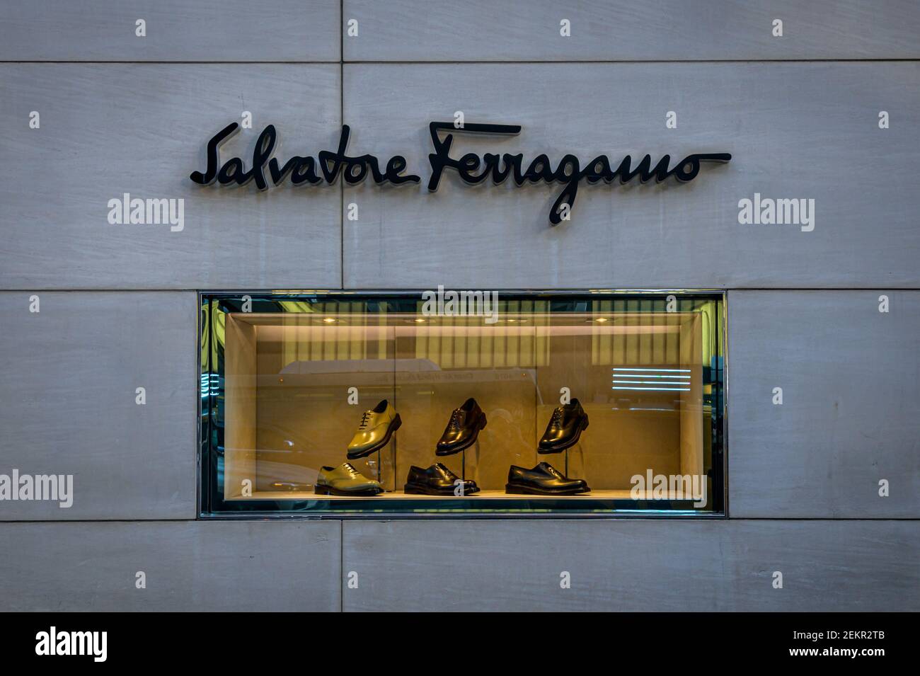 Salvatore Ferragamo logo over flag store in Manhattan. Photo by