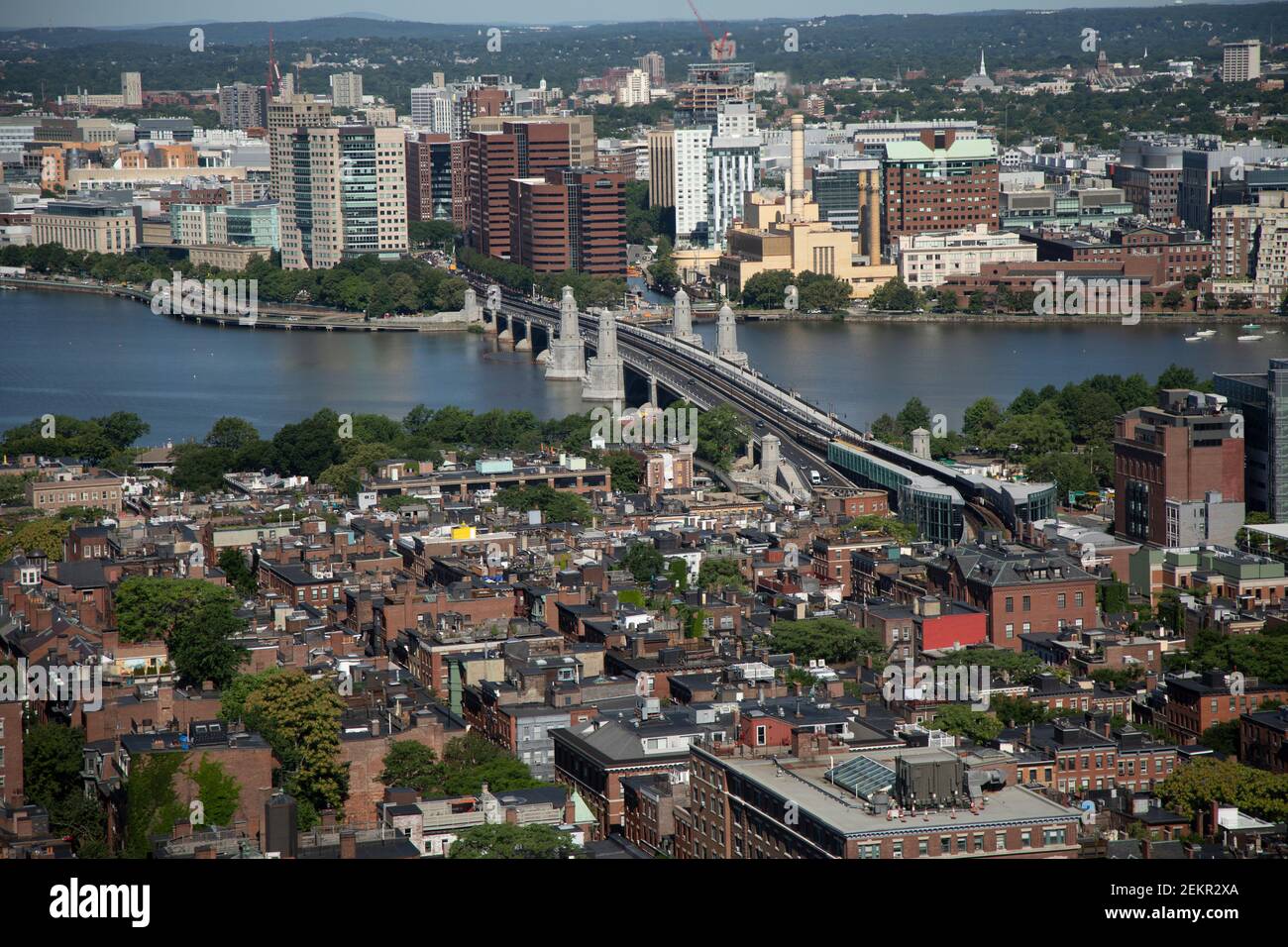 An aerial wide angle view of Beacon Hill, the Longfellow bridge over the Charles river and Cambridge MA USA. Stock Photo