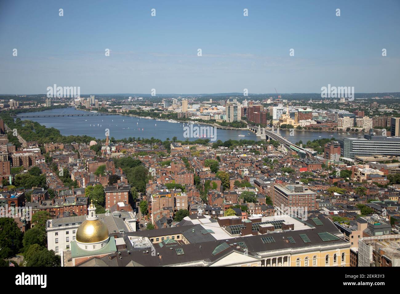 An aerial wide angle view of Beacon Hill, the state house and Cambridge. Boston Massachusetts USA Stock Photo