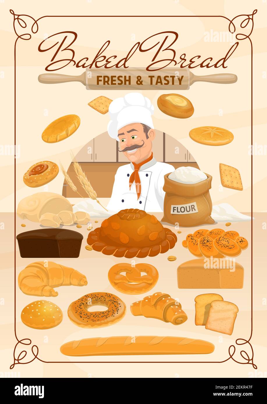 Bakery shop. Bread, baked desserts, cakes and vector pastry cookies ...