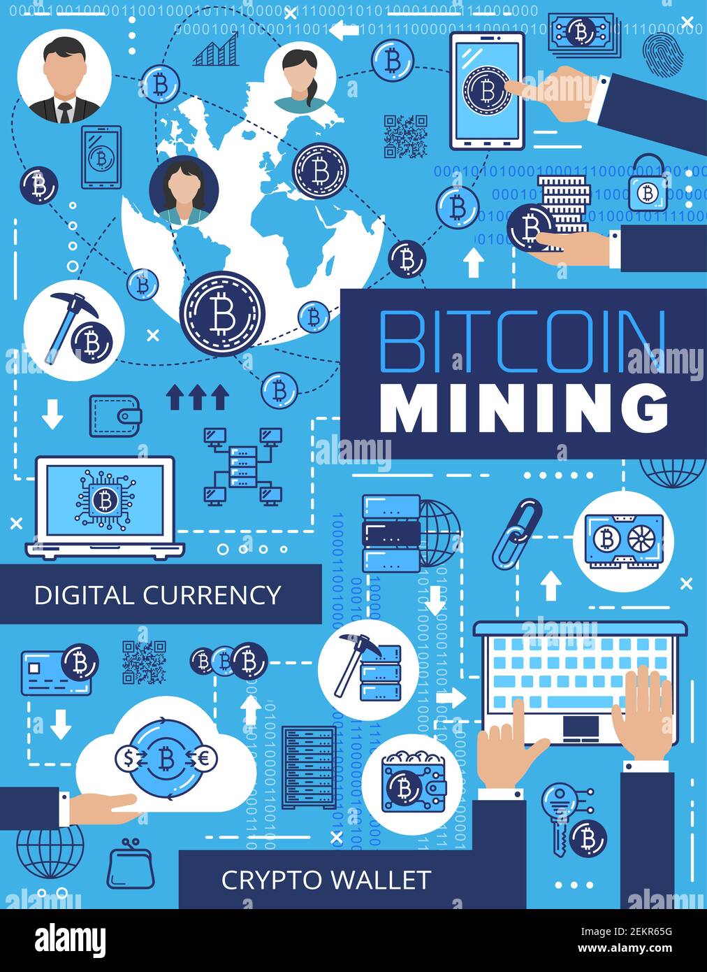 Bitcoin mining, cryptocurrency and digital wallet. Vector blockchain