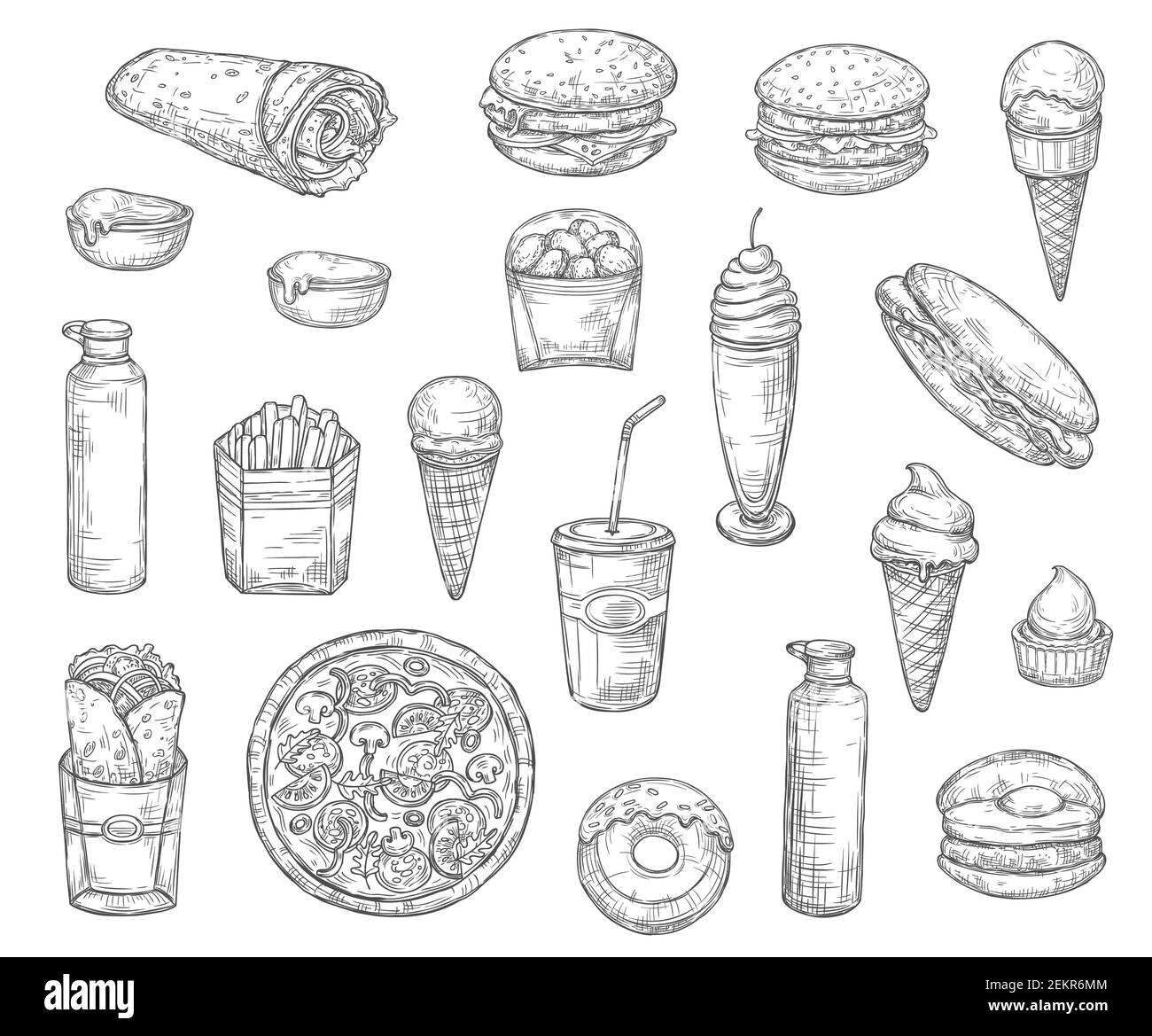 Fast food monochrome sketch icons. Vector snacks and desserts, drinks and pizza, french fries, coke or soda, hamburger or cheeseburger. Hot dog and ic Stock Vector