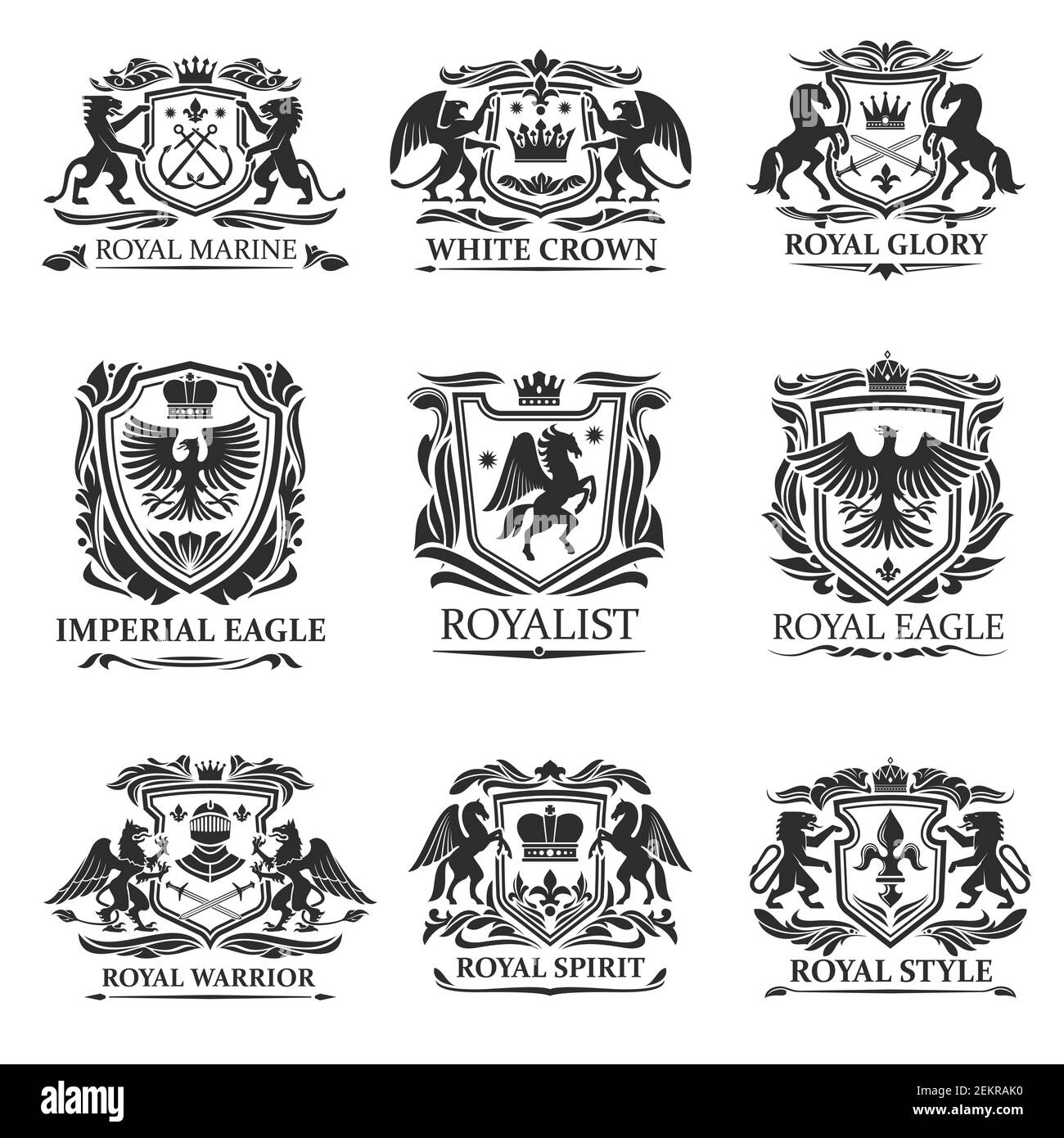 Shield badges and emblems vector design of royal heraldry. Heraldic coat of arms with lions, eagles and king crowns, knight swords, helmets and horses Stock Vector