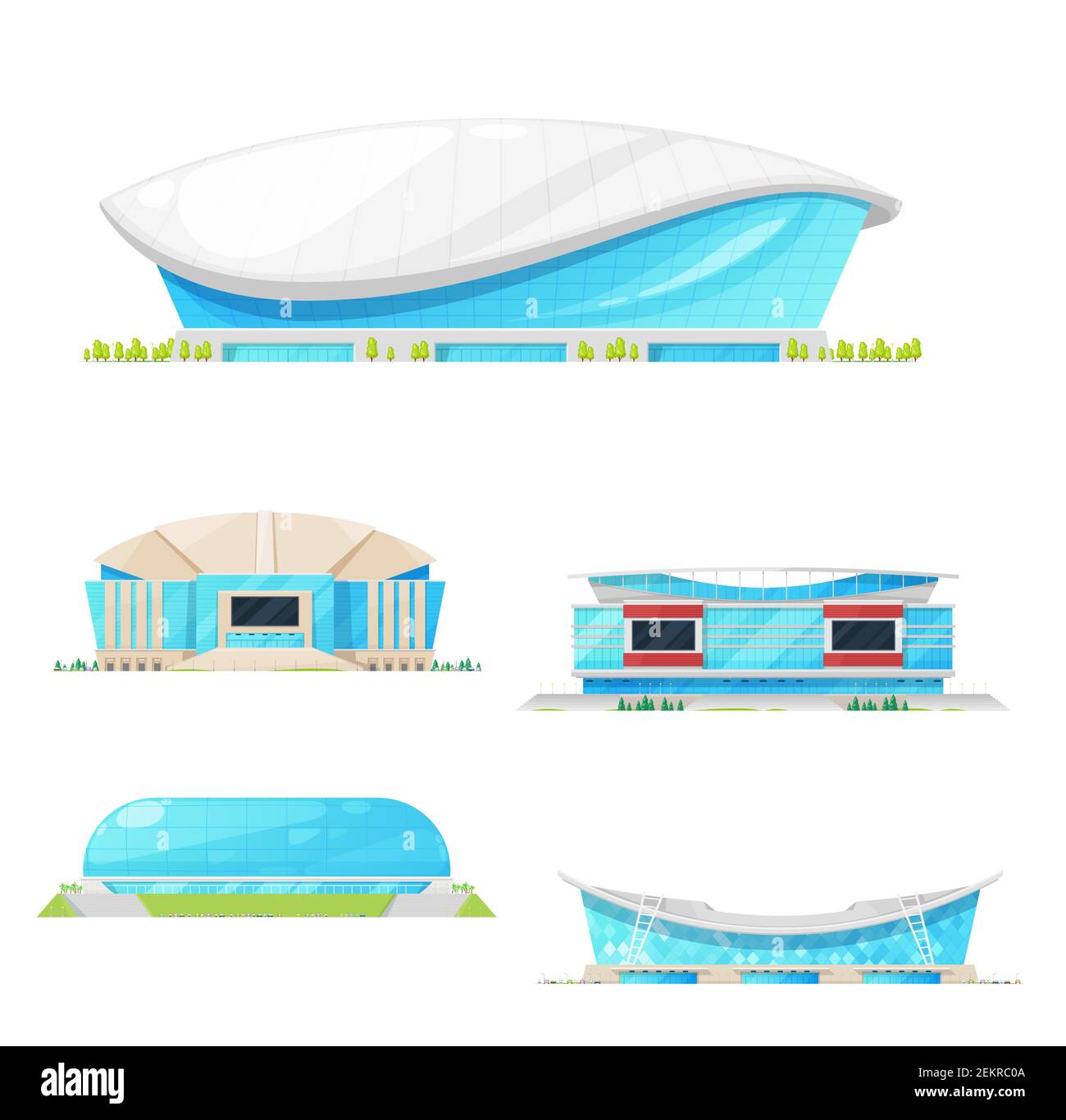 Stadium and arena modern buildings, isolated icons. Vector facade exteriors design. Blue glass buildings with field, entrance and curved roof Stock Vector