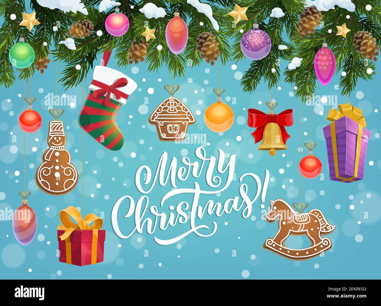 Christmas tree garland with Xmas gifts, bell and stocking vector design ...
