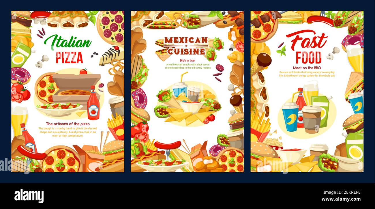Fast food restaurant menu with vector frame of hamburger, pizza and ...