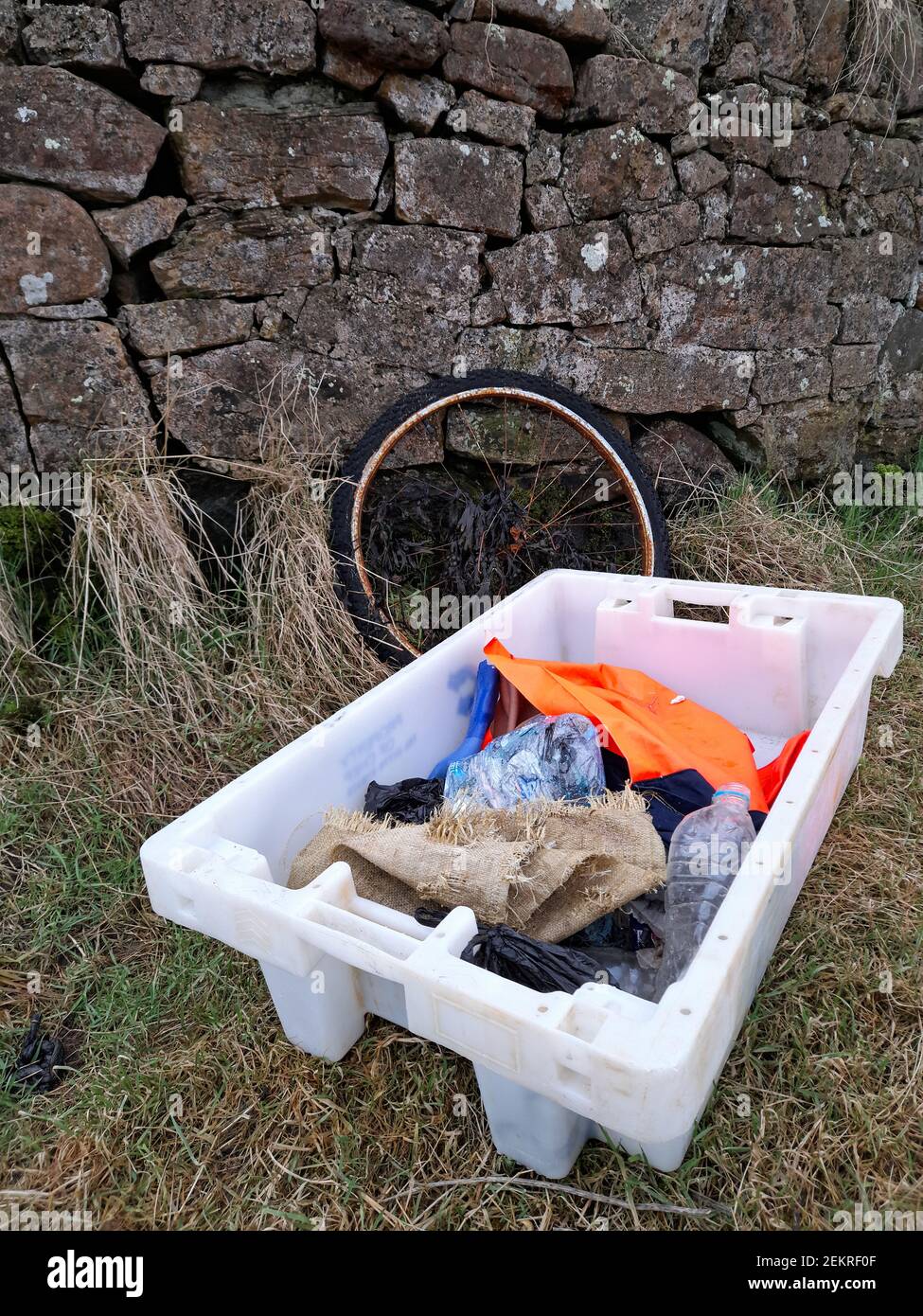 A colour photograph of  marine pollution gathered from a beach clean on the Fife coast Stock Photo