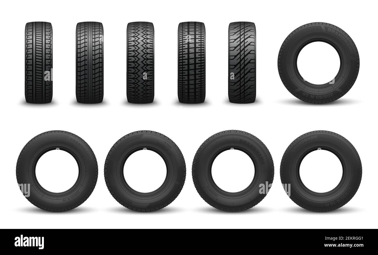 Car tire in vector, front side views. Vector vehicle tyres, round
