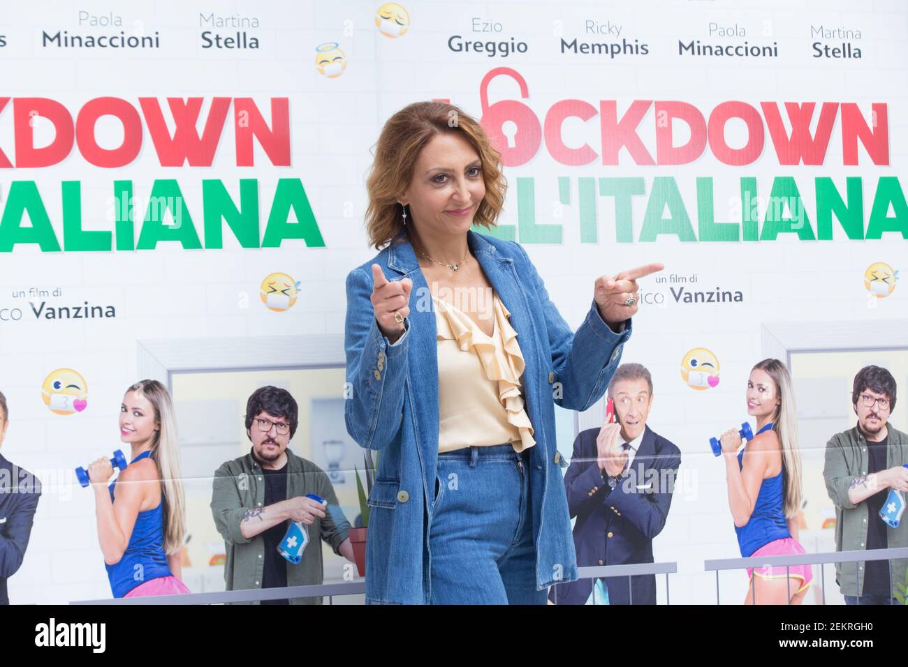 Paola Minaccioni during the Photocall of the Italian film Lockdown  allItaliana with director Enrico Vanzina and actors Ezio Greggio, Ricky  Memphis, Paola Minaccioni, Martina Stella, Maria Luisa Jacobelli and Romina  Pierdomenico. (Photo